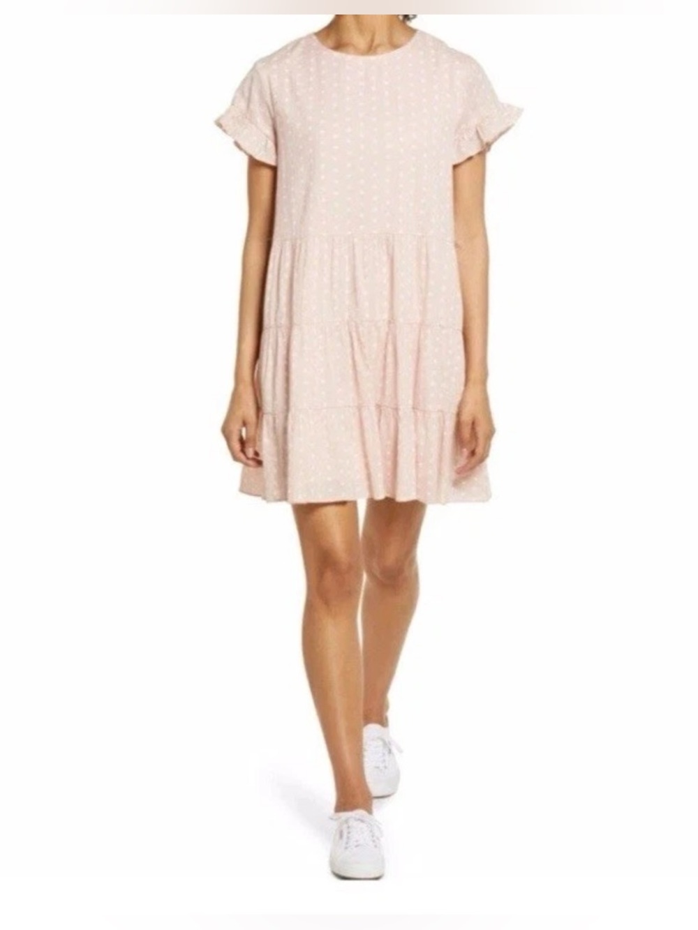 Rachel Parcell Pink Polka Dot Tiered Cotton Dress Ruffle Sleeves XS (Oversized)